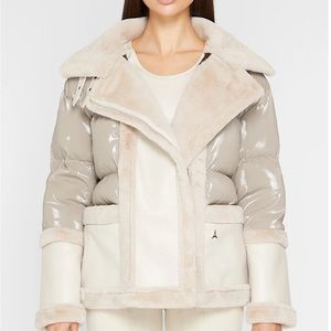 Maniere De Voire Beige Vegan Leather Plush Puffer Jacket NWOT